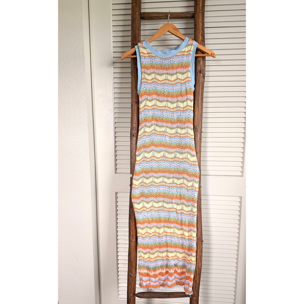 Willow & Wind Knit Midi Dress Small Multicolor Chevron Stripe Crochet Sleeveless - Picture 2 of 4